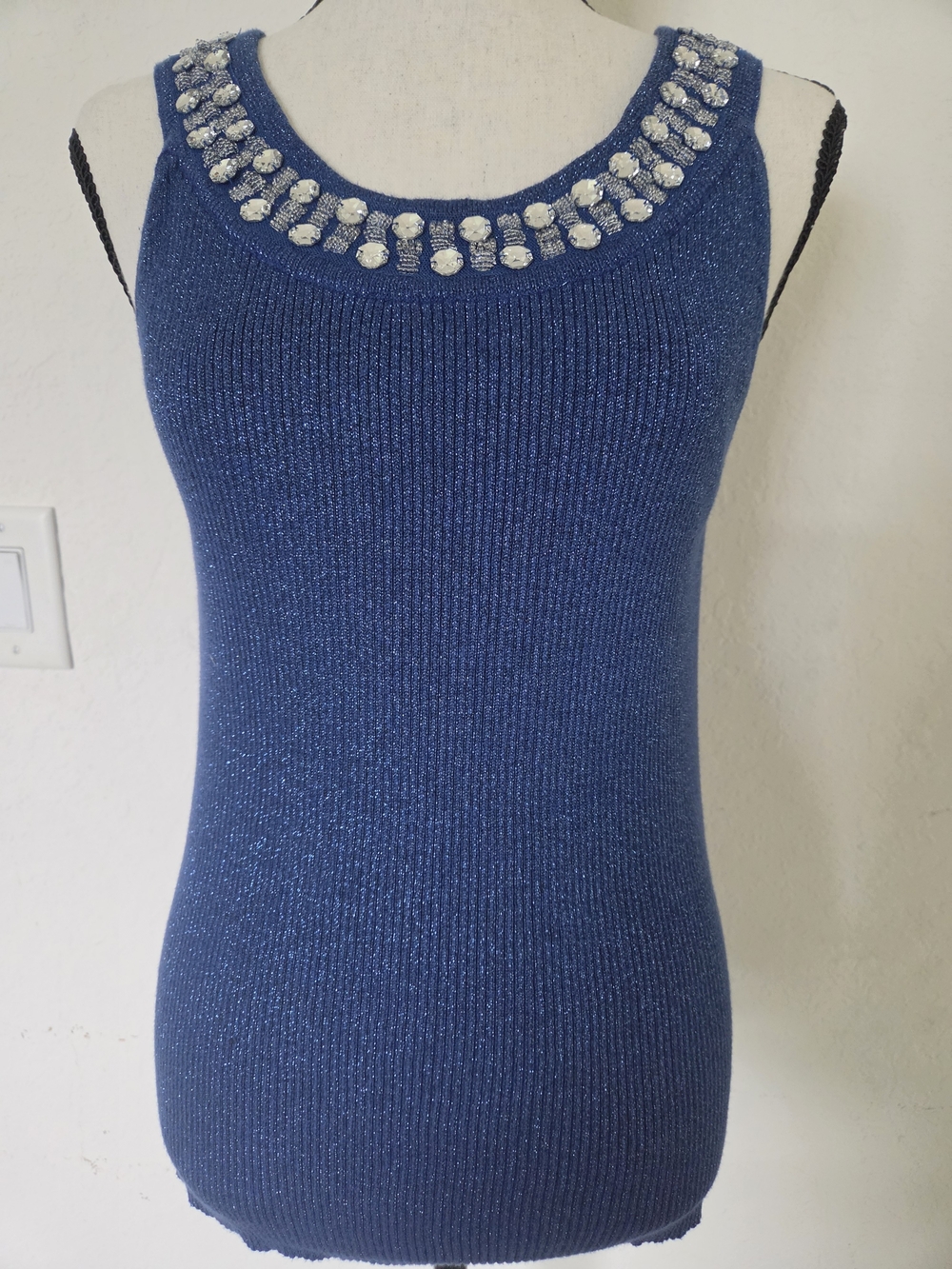 Lauren Michelle Blue Metallic Rhinestone Jewel Neckline Sleeveless Tank Top L